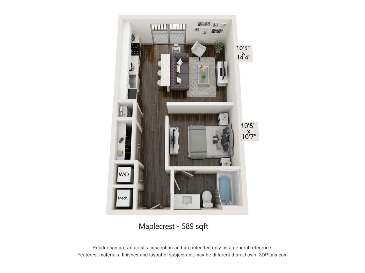 Floor plan for studio, 1 bath, 589 sqft